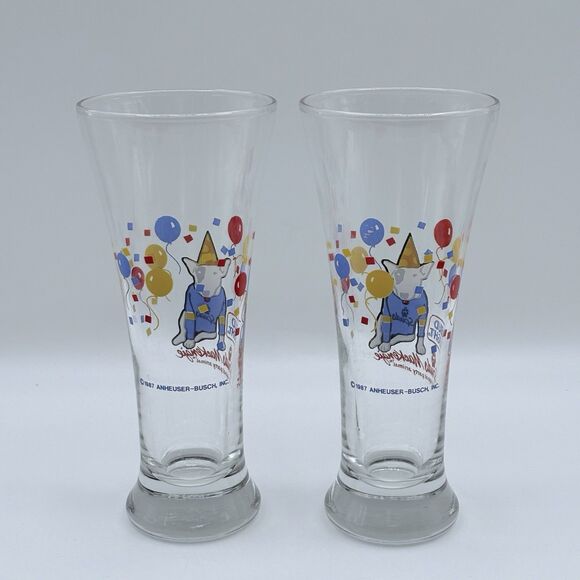 Bud Light Spuds MacKenzie Tall Beer Glasses Vintage 1987 Set Of 2 - Picture 2 of 9